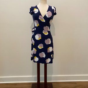 Women's Navy and Purpled, Yellow, and White Spotted Boden Wrap Dress Size 6P.